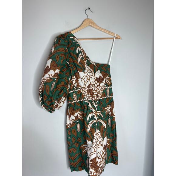 NWT Cara Cara Danielle One Shoulder Lined Mini Dress Green Fruit Basket Size: 2 - Picture 7 of 8